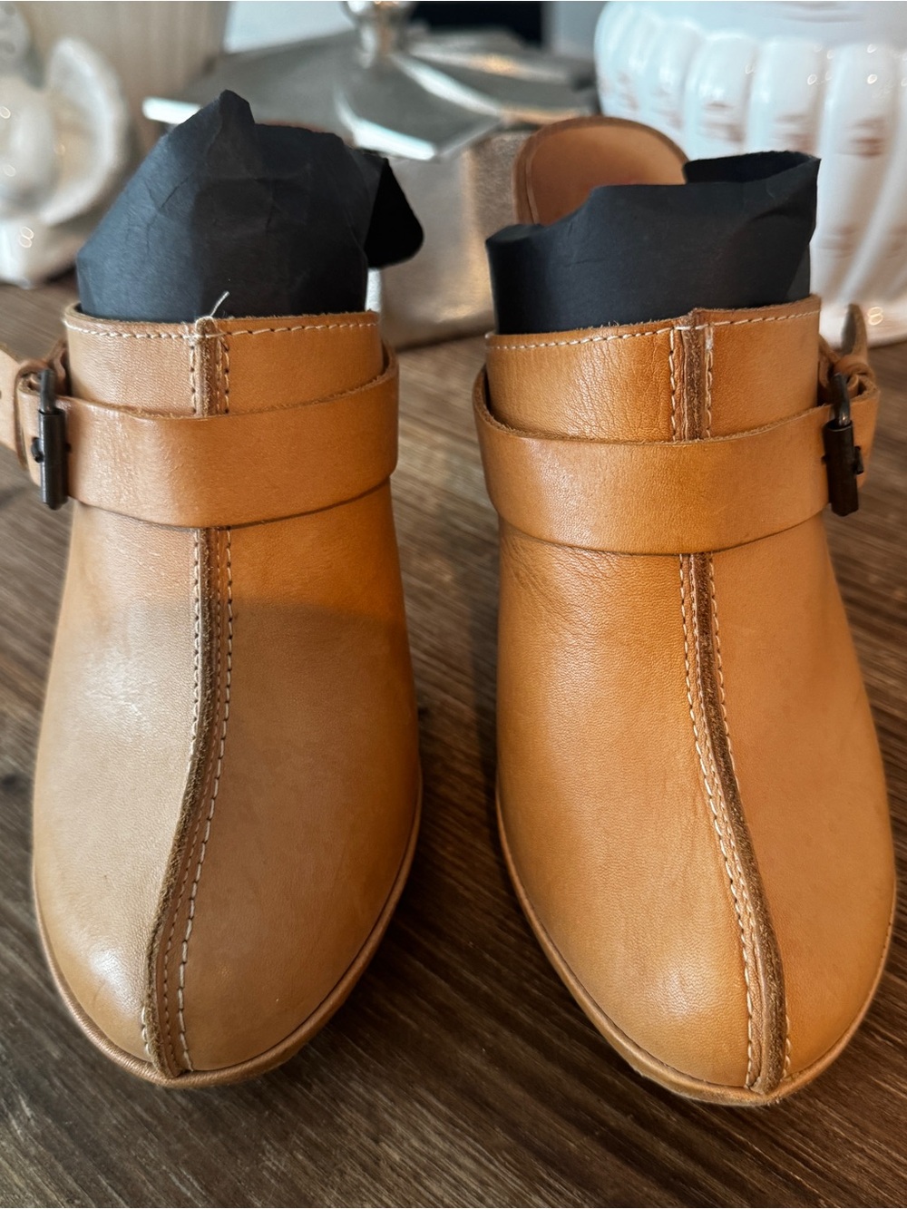 KORS Michael Kors Tan Leather Buckle Clog Mules